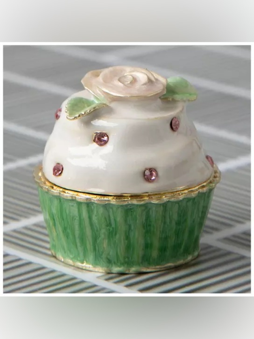 New Porcelain Green & White Decorative Cupcake Trinket Box with Pink Accents